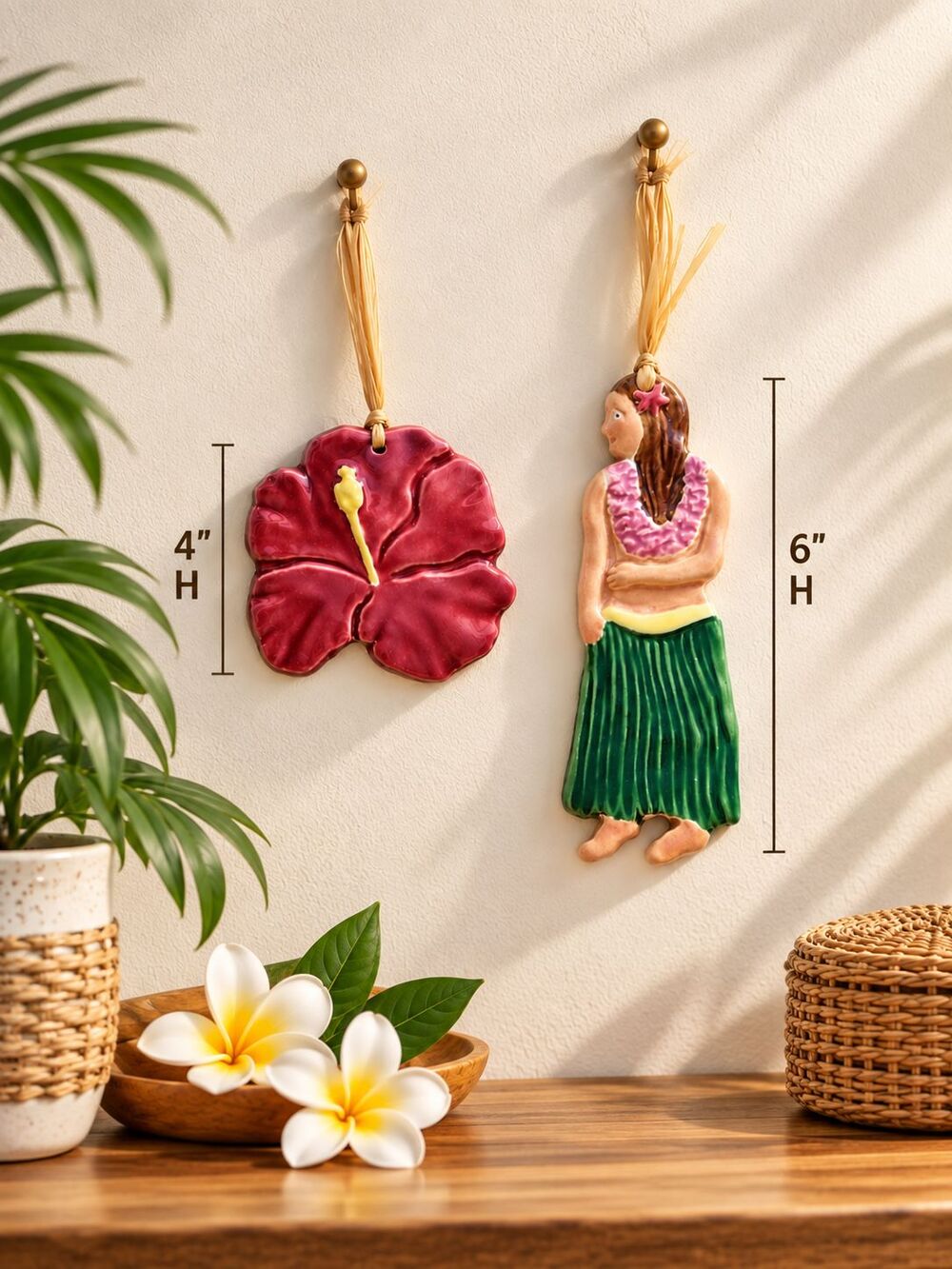 Vintage Hawaiian Hula Girl Hibiscus Ceramic Wall Hangings Tropical Island Decor